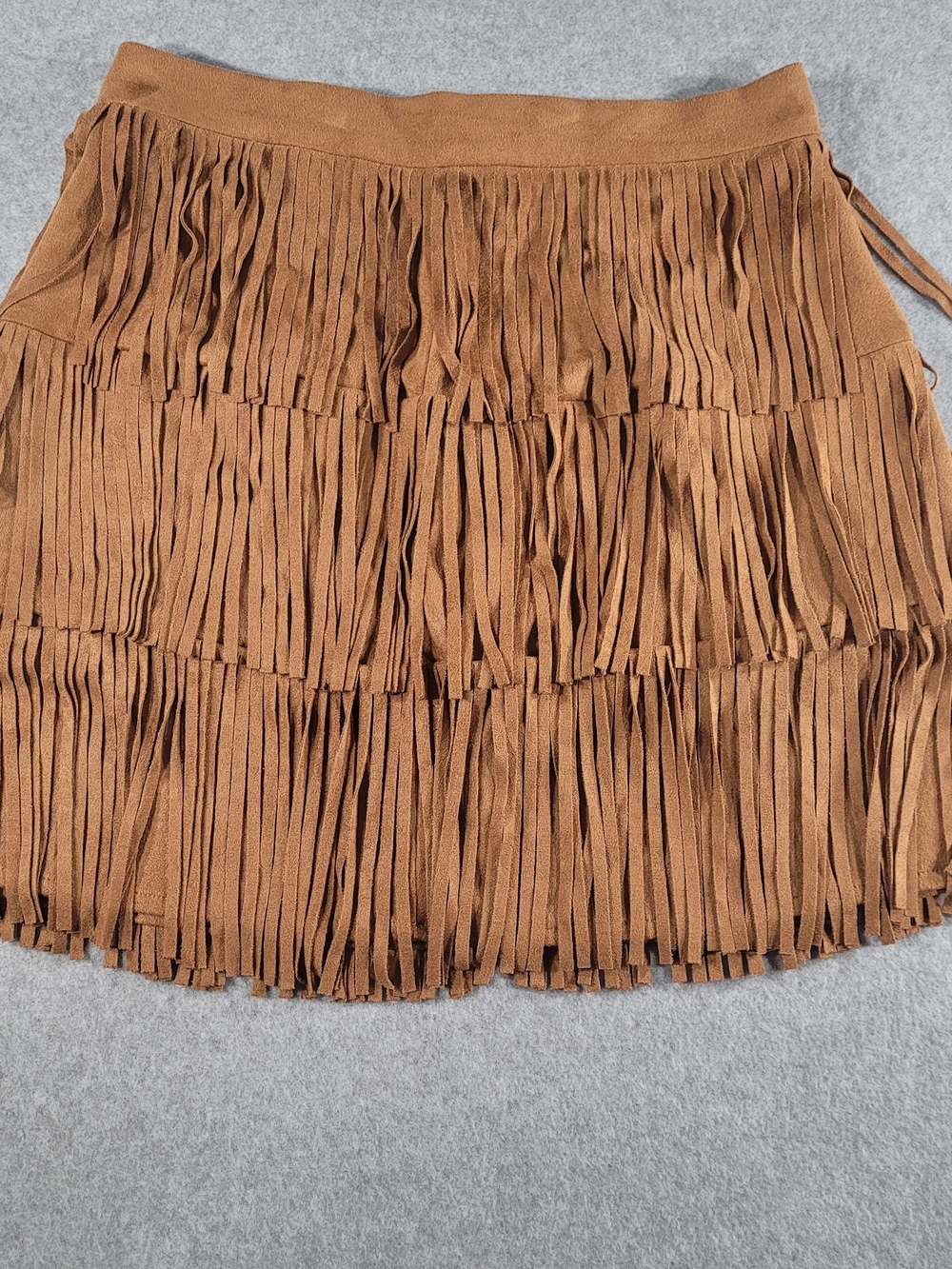 Flying Tomato Tiered Fringe Mini Skirt in Cognac Brown